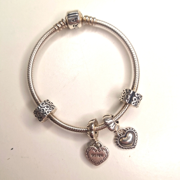 Pandora barrel clasp snake chain braclet 2 stoppers and my special sister charms - Picture 2 of 9
